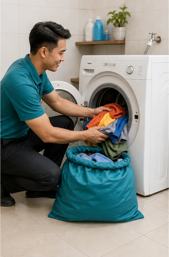The same laundry worker loading everyday clothes into a washing machine